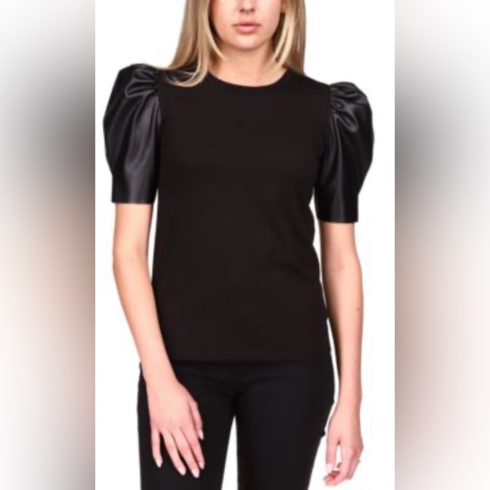 Michael Kors black tee with faux leather puff sleeves